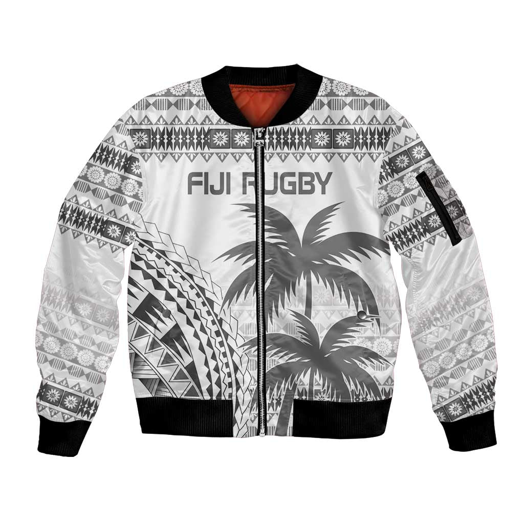 Custom Fiji Rugby Sleeve Zip Bomber Jacket Polynesian Fijian Masi Palm Tree LT9 Unisex White - Polynesian Pride