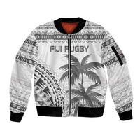 Custom Fiji Rugby Sleeve Zip Bomber Jacket Polynesian Fijian Masi Palm Tree LT9 Unisex White - Polynesian Pride