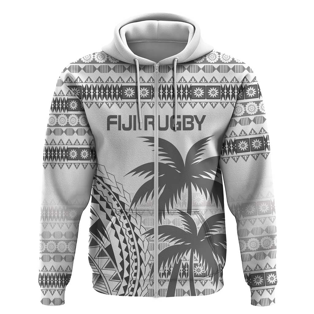 Custom Fiji Rugby Zip Hoodie Polynesian Fijian Masi Palm Tree LT9 Zip Hoodie White - Polynesian Pride
