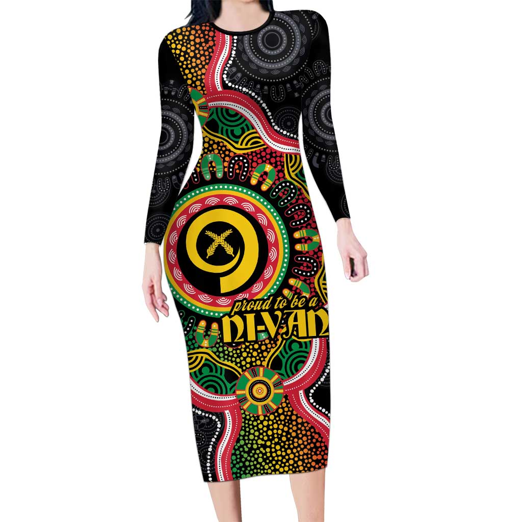 Vanuatu Personalised Long Sleeve Bodycon Dress Aboriginal Dot Paitnting LT9 Long Dress Black - Polynesian Pride