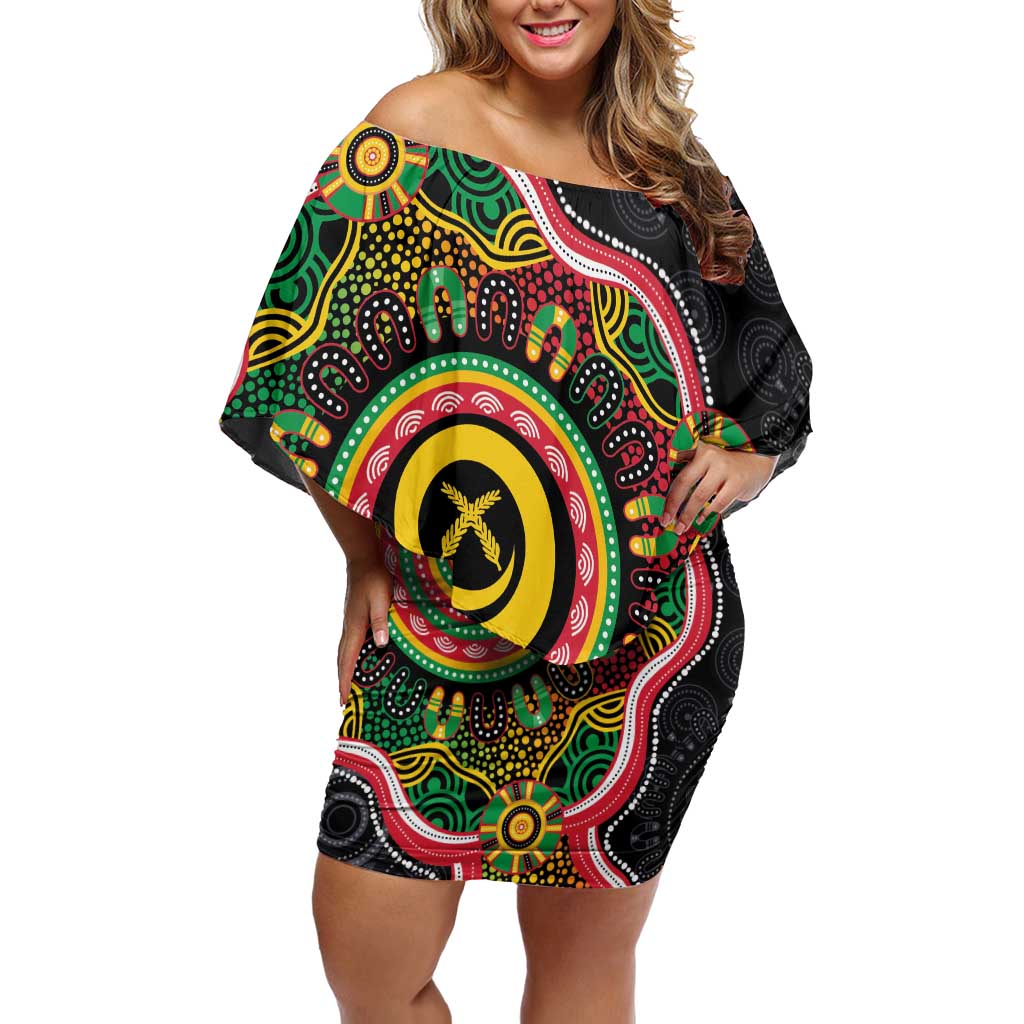 Vanuatu Personalised Off Shoulder Short Dress Aboriginal Dot Paitnting LT9 Women Black - Polynesian Pride