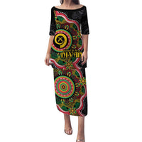 Vanuatu Personalised Puletasi Aboriginal Dot Paitnting LT9 Long Dress Black - Polynesian Pride