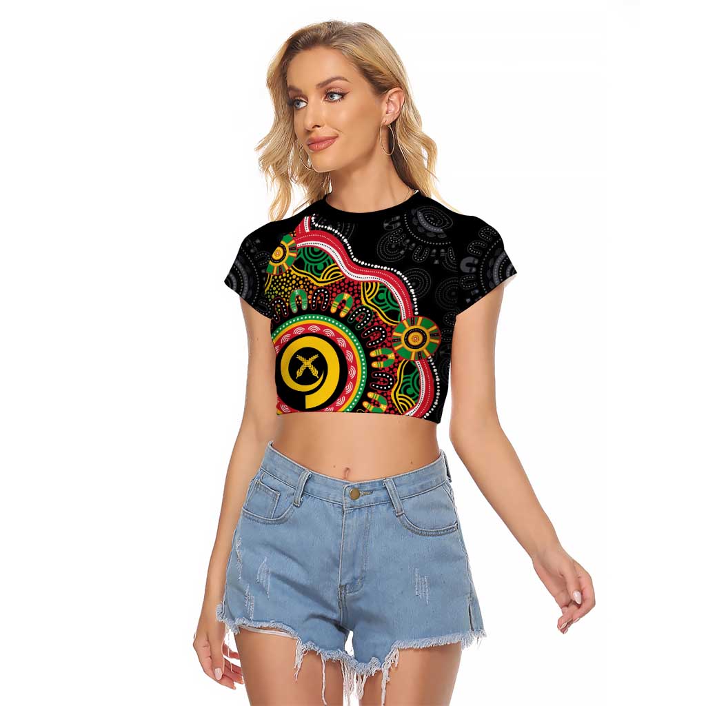 Vanuatu Personalised Raglan Cropped T Shirt Aboriginal Dot Paitnting LT9 Female Black - Polynesian Pride