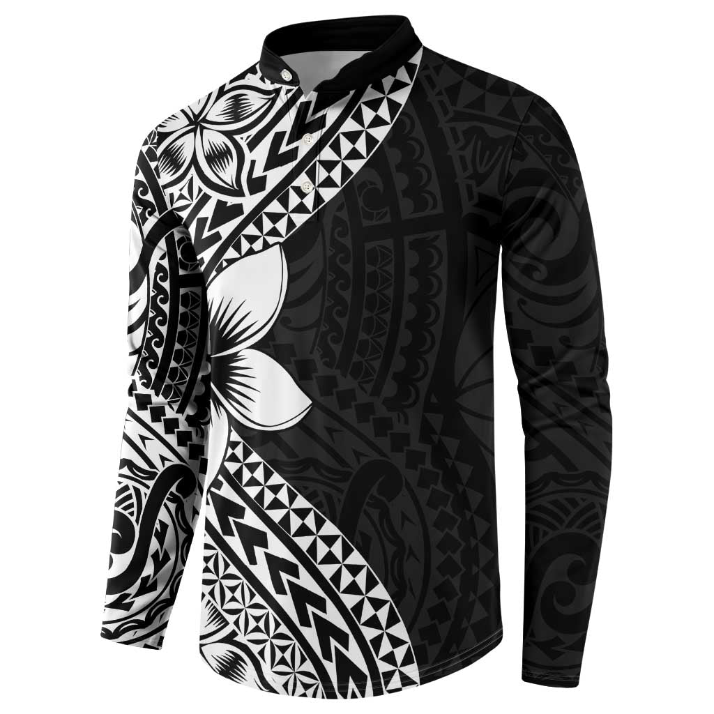 Lotu Tamaiti White Sunday Button Sweatshirt Pacific Plumeria Flowers - Black Version LT9 - Polynesian Pride