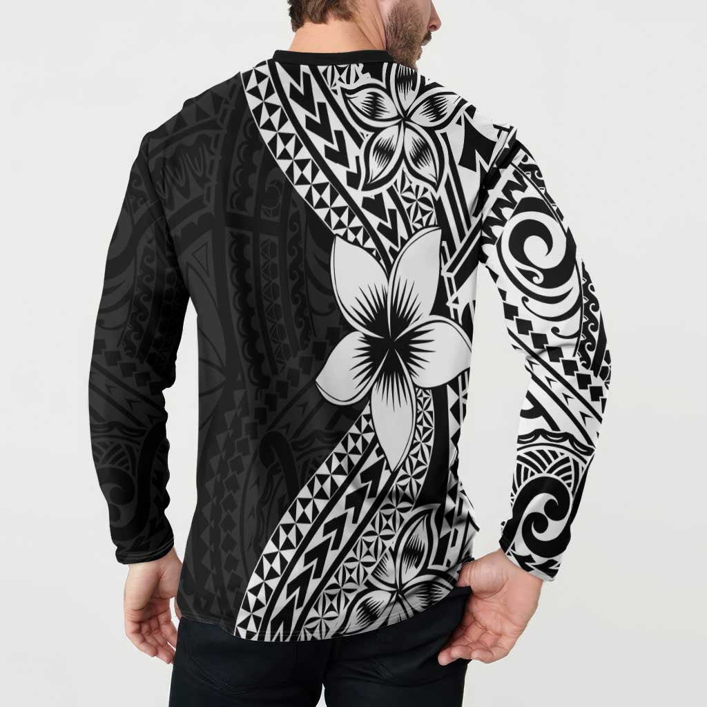 Lotu Tamaiti White Sunday Button Sweatshirt Pacific Plumeria Flowers - Black Version LT9 - Polynesian Pride