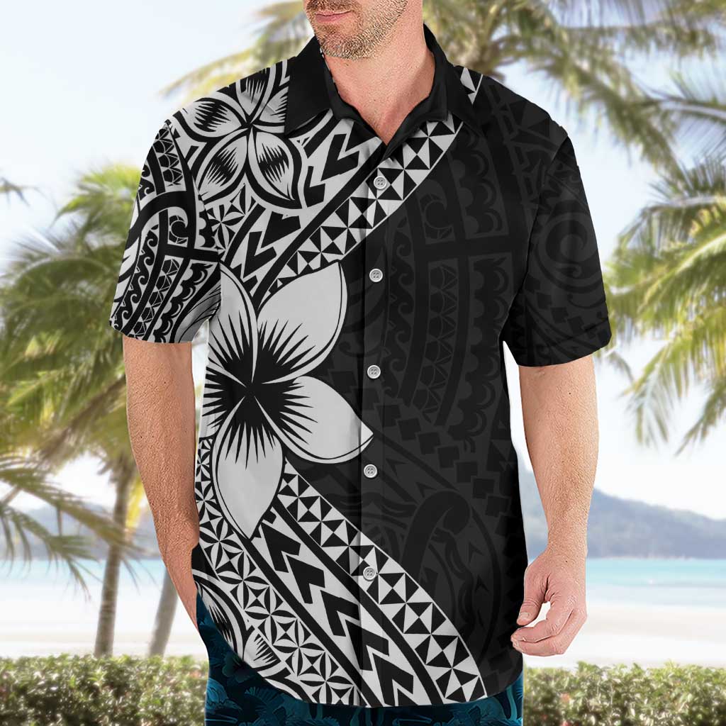 Lotu Tamaiti White Sunday Hawaiian Shirt Pacific Plumeria Flowers - Black Version LT9 - Polynesian Pride