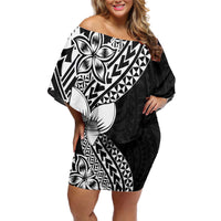 Lotu Tamaiti White Sunday Off Shoulder Short Dress Pacific Plumeria Flowers - Black Version LT9 Women Black - Polynesian Pride