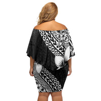 Lotu Tamaiti White Sunday Off Shoulder Short Dress Pacific Plumeria Flowers - Black Version LT9 - Polynesian Pride