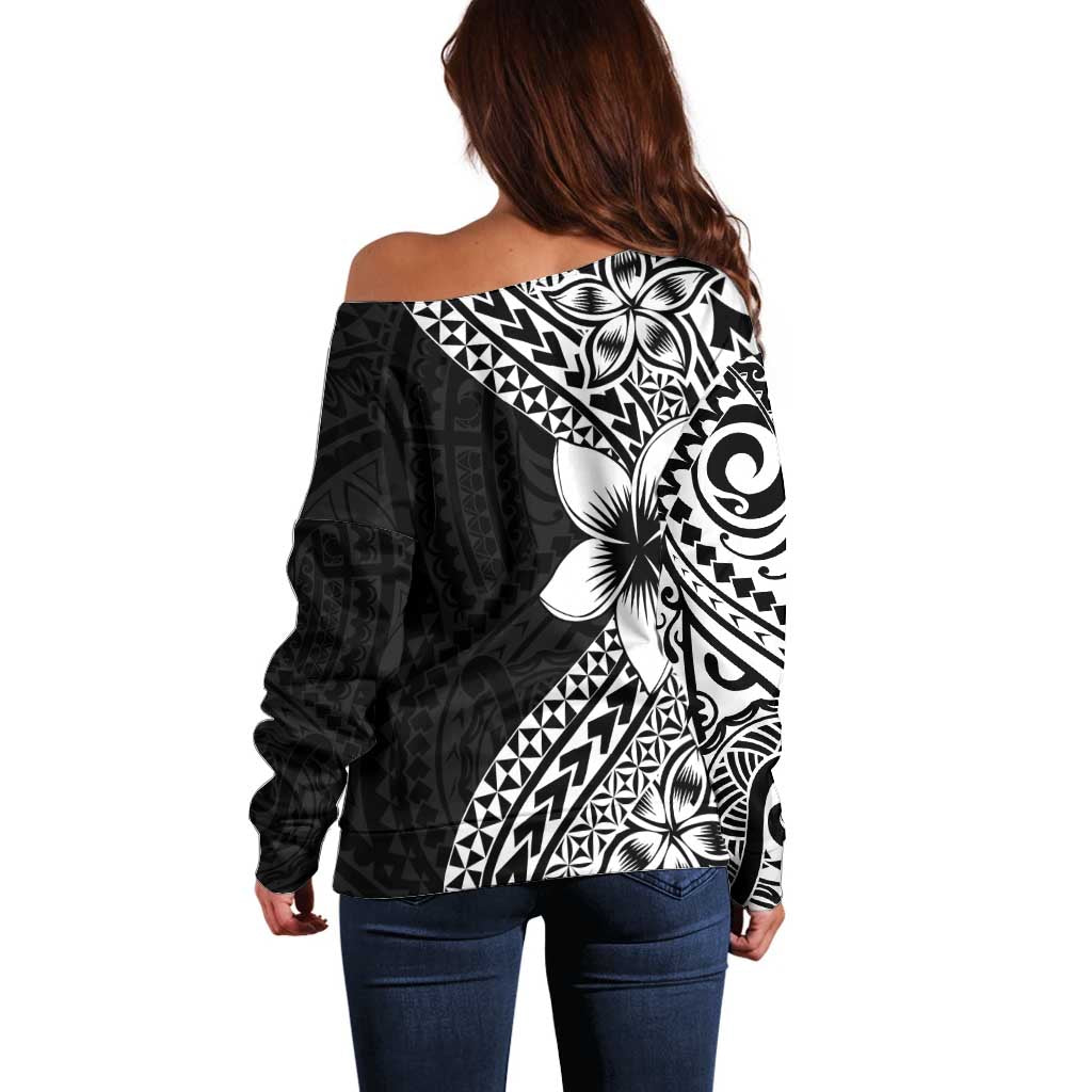 Lotu Tamaiti White Sunday Off Shoulder Sweater Pacific Plumeria Flowers - Black Version LT9 - Polynesian Pride