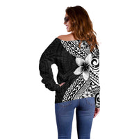 Lotu Tamaiti White Sunday Off Shoulder Sweater Pacific Plumeria Flowers - Black Version LT9 - Polynesian Pride