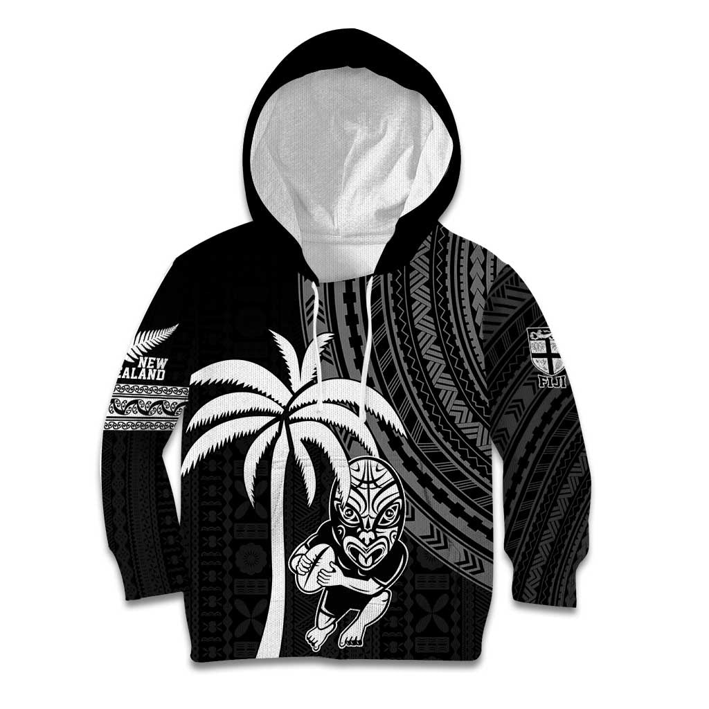 Custom Fiji New Zealand Rugby Kid Hoodie Make History Together LT9 Hoodie Black - Polynesian Pride