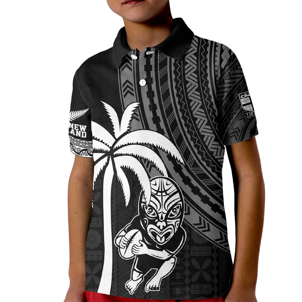 Custom Fiji New Zealand Rugby Kid Polo Shirt Make History Together LT9 Kid Black - Polynesian Pride