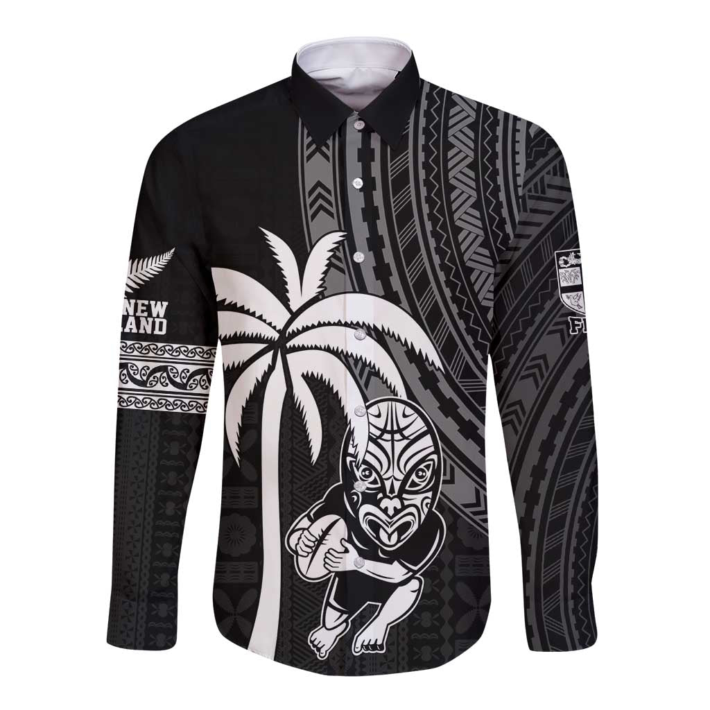 Custom Fiji New Zealand Rugby Long Sleeve Button Shirt Make History Together LT9 Unisex Black - Polynesian Pride