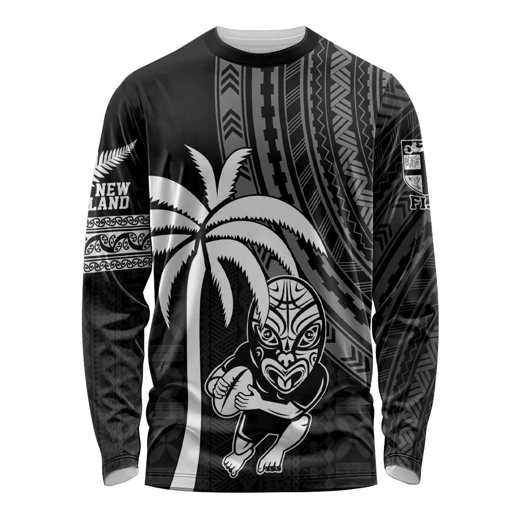 Custom Fiji New Zealand Rugby Long Sleeve Shirt Make History Together LT9 Unisex Black - Polynesian Pride