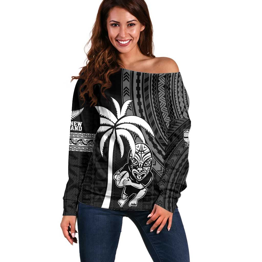Custom Fiji New Zealand Rugby Off Shoulder Sweater Make History Together LT9 Women Black - Polynesian Pride