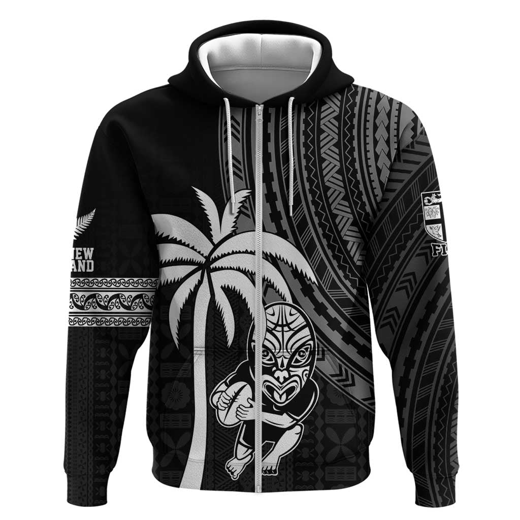 Custom Fiji New Zealand Rugby Zip Hoodie Make History Together LT9 Zip Hoodie Black - Polynesian Pride