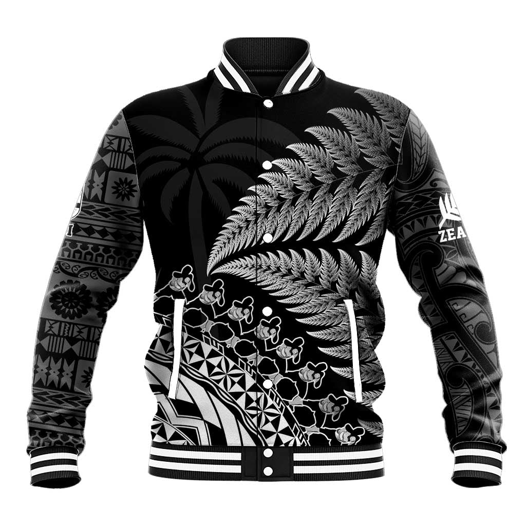 Custom Fiji New Zealand Rugby Baseball Jacket Cibi Dance with Black Fern LT9 Unisex Black - Polynesian Pride