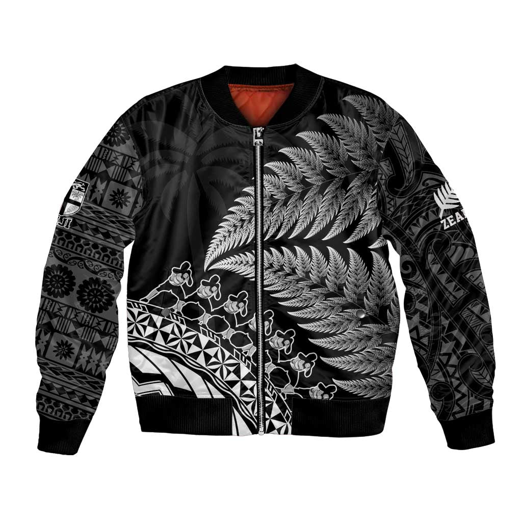 Custom Fiji New Zealand Rugby Bomber Jacket Cibi Dance with Black Fern LT9 Unisex Black - Polynesian Pride