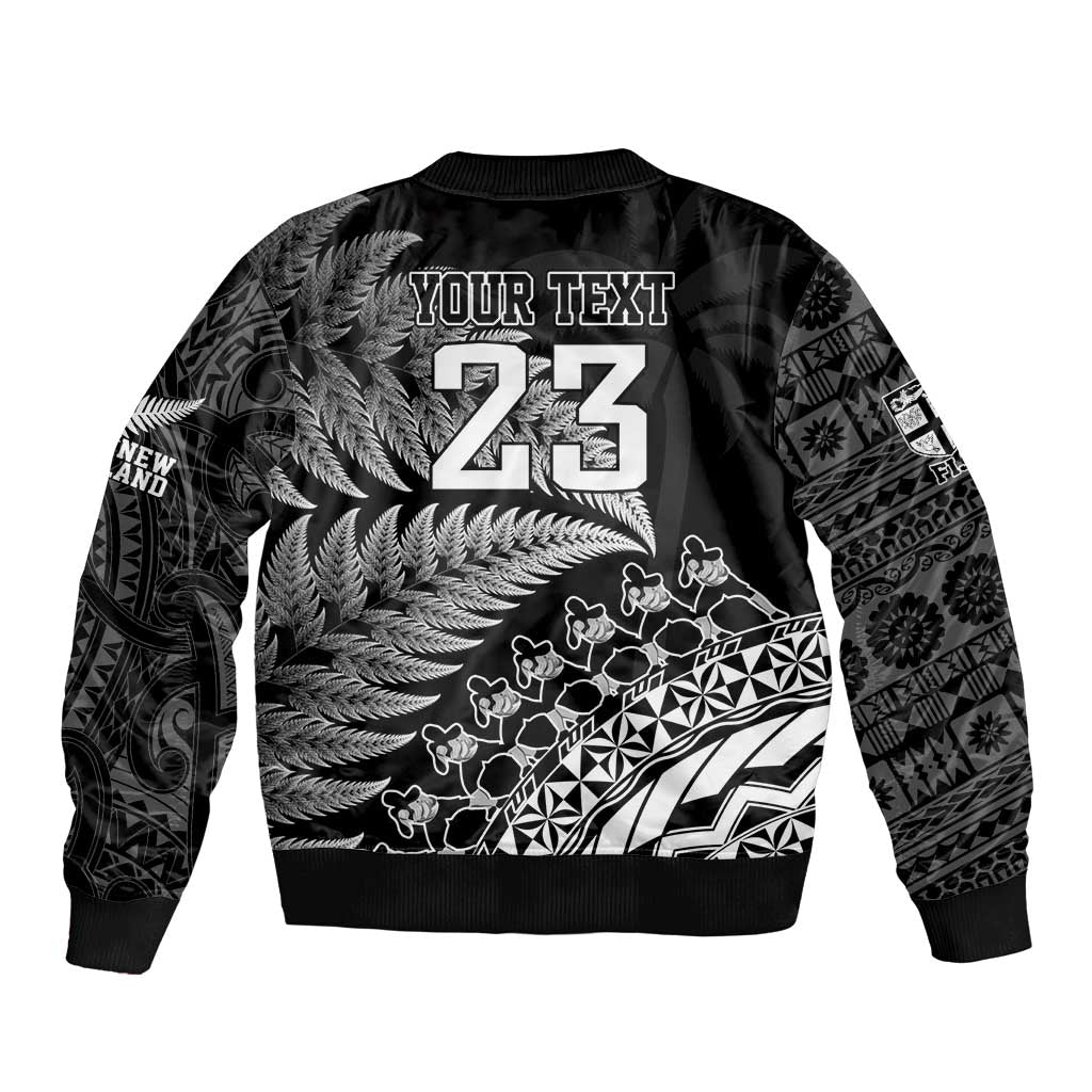 Custom Fiji New Zealand Rugby Bomber Jacket Cibi Dance with Black Fern LT9 - Polynesian Pride