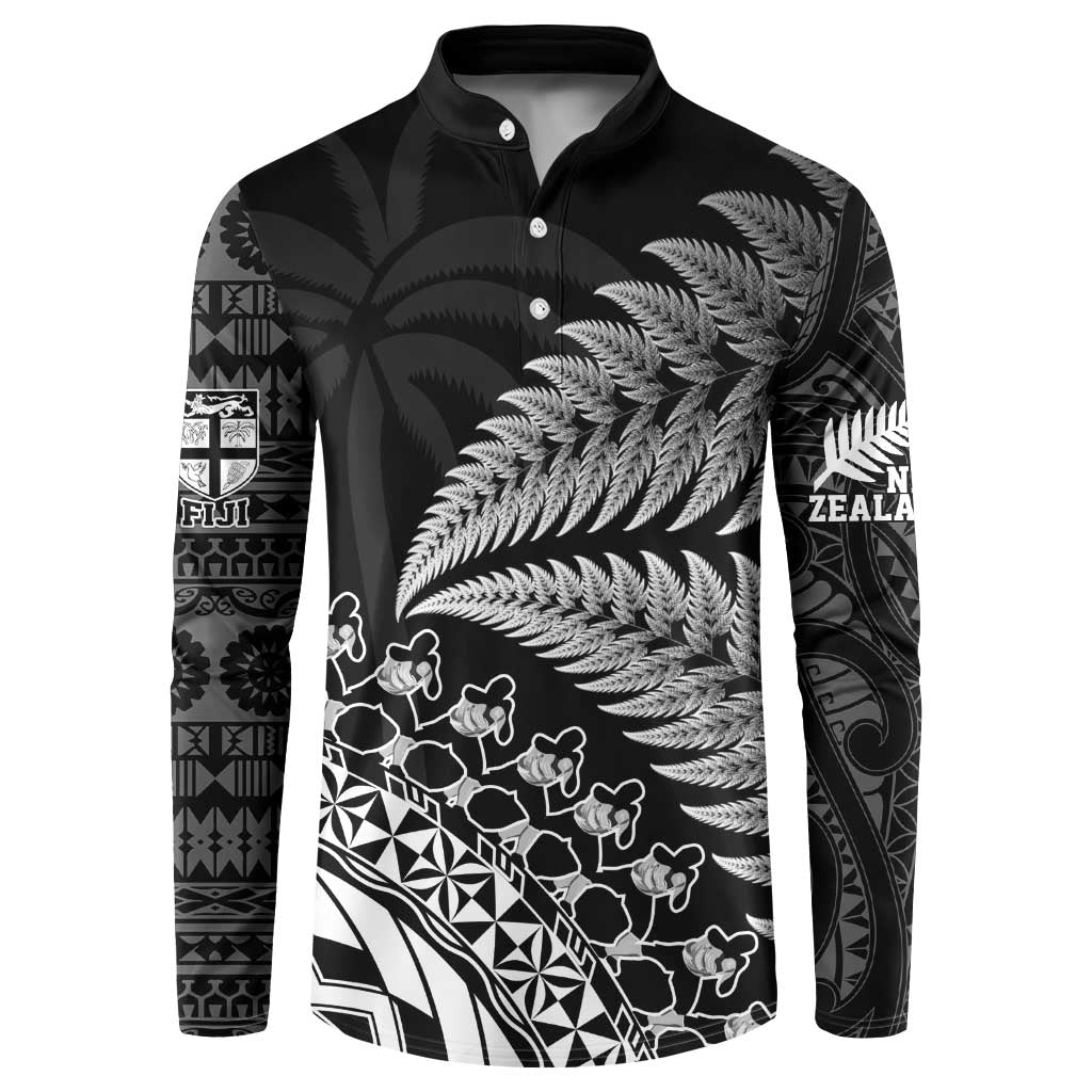 Custom Fiji New Zealand Rugby Button Sweatshirt Cibi Dance with Black Fern LT9 Black - Polynesian Pride