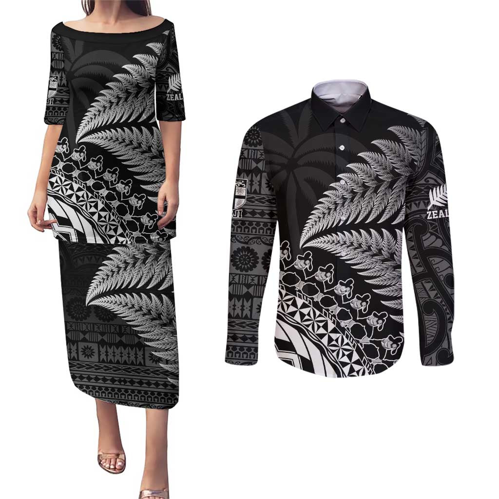 Custom Fiji New Zealand Rugby Couples Matching Puletasi and Long Sleeve Button Shirt Cibi Dance with Black Fern