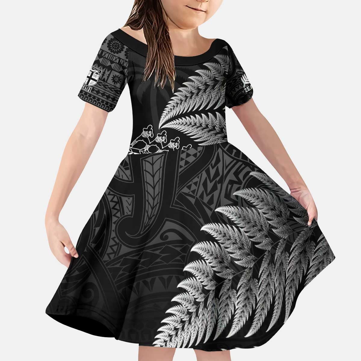 Custom Fiji New Zealand Rugby Kid Short Sleeve Dress Cibi Dance with Black Fern LT9 KID Black - Polynesian Pride