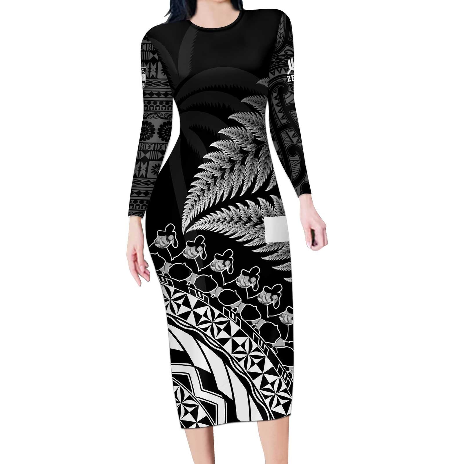 Custom Fiji New Zealand Rugby Long Sleeve Bodycon Dress Cibi Dance with Black Fern LT9 Long Dress Black - Polynesian Pride