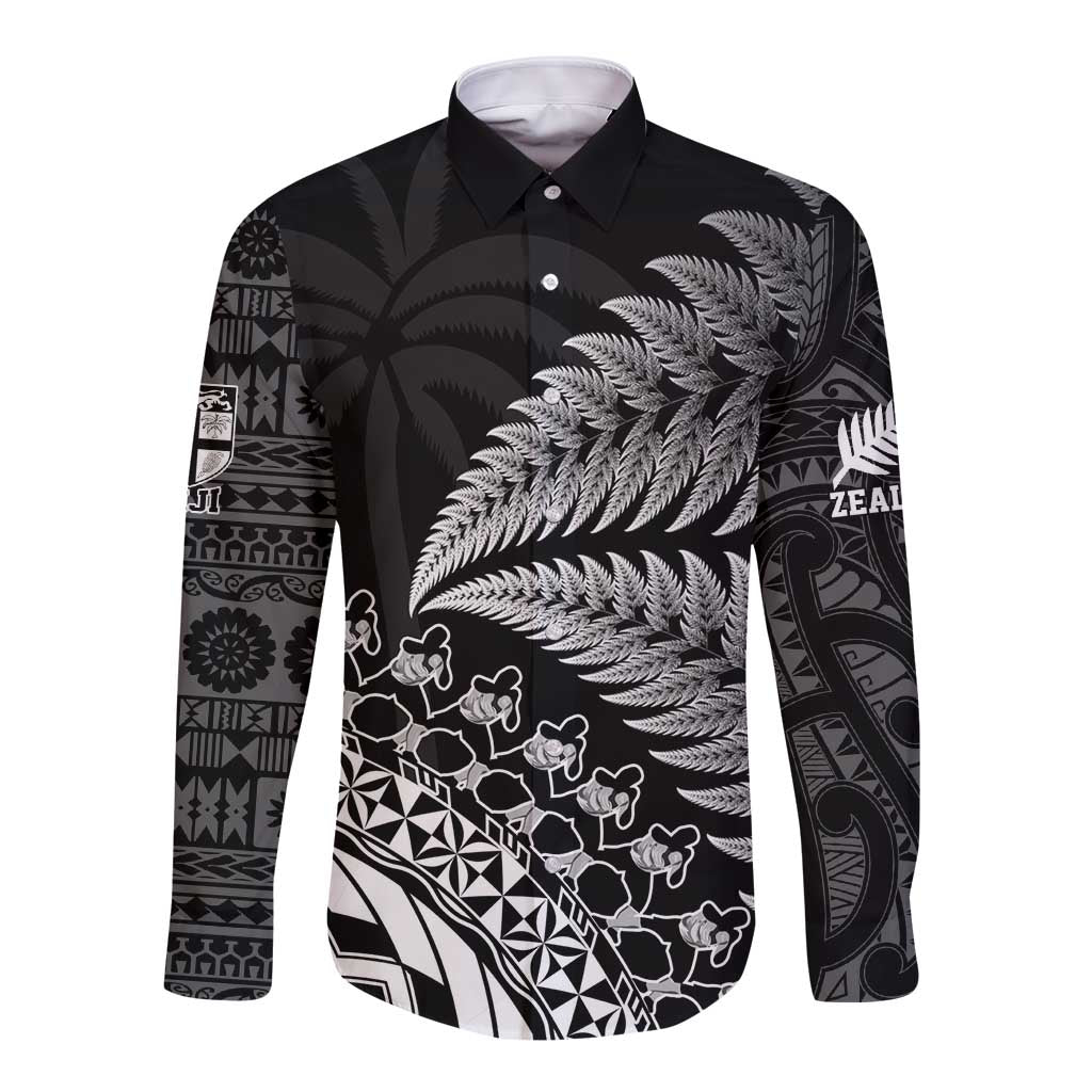 Custom Fiji New Zealand Rugby Long Sleeve Button Shirt Cibi Dance with Black Fern LT9 Unisex Black - Polynesian Pride