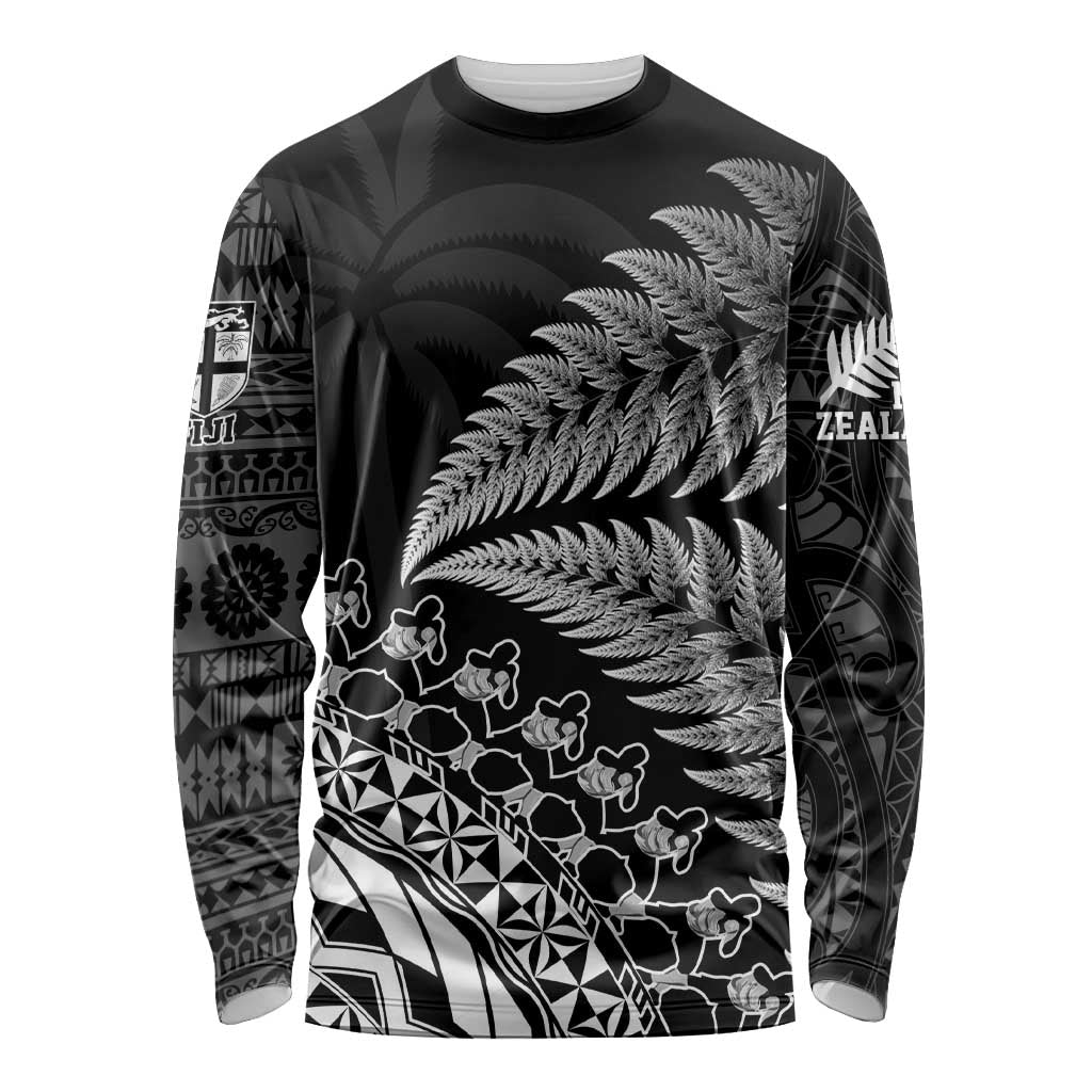 Custom Fiji New Zealand Rugby Long Sleeve Shirt Cibi Dance with Black Fern LT9 Unisex Black - Polynesian Pride
