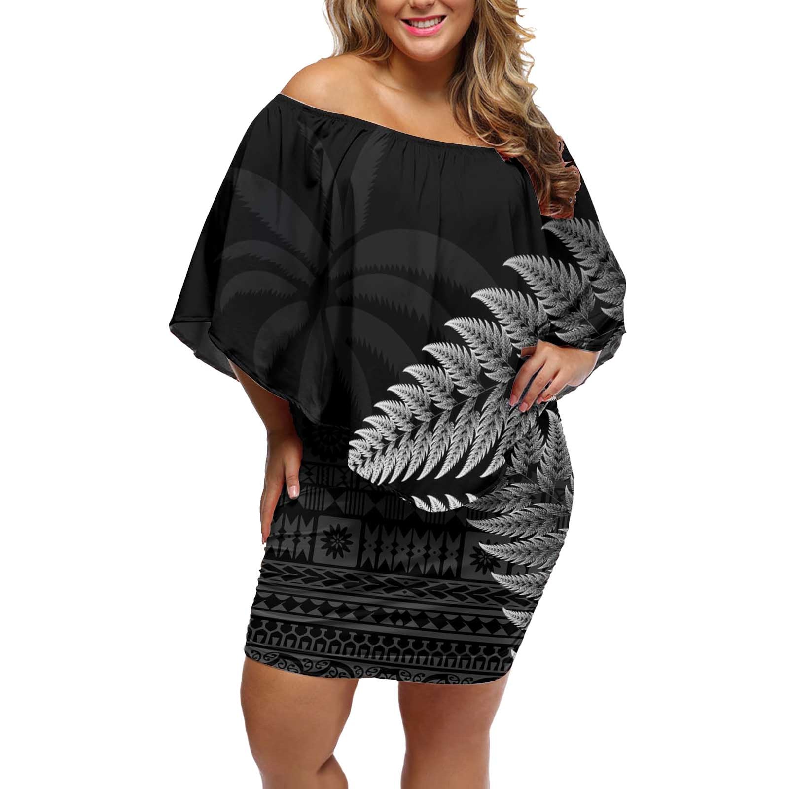 Custom Fiji New Zealand Rugby Off Shoulder Short Dress Cibi Dance with Black Fern LT9 Women Black - Polynesian Pride