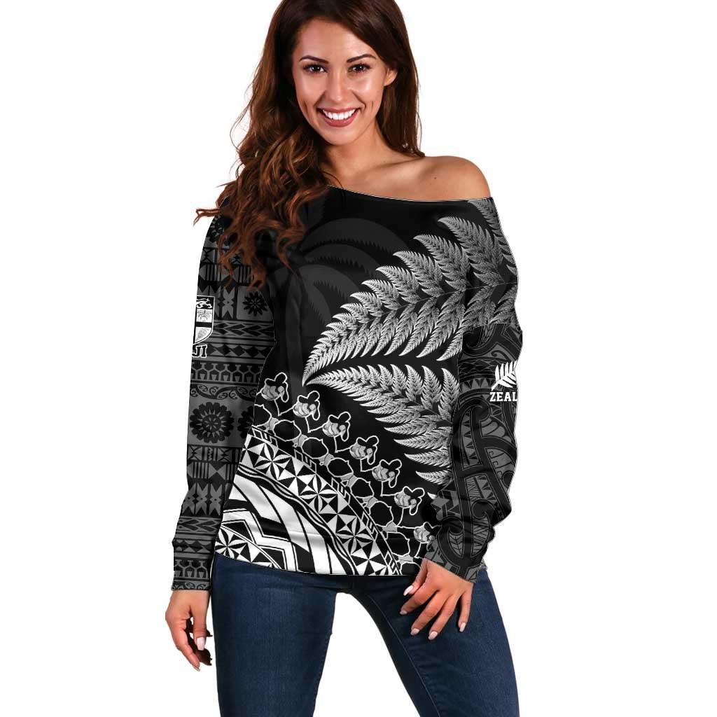Custom Fiji New Zealand Rugby Off Shoulder Sweater Cibi Dance with Black Fern LT9 Women Black - Polynesian Pride