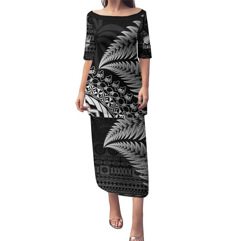Custom Fiji New Zealand Rugby Puletasi Cibi Dance with Black Fern LT9 Long Dress Black - Polynesian Pride