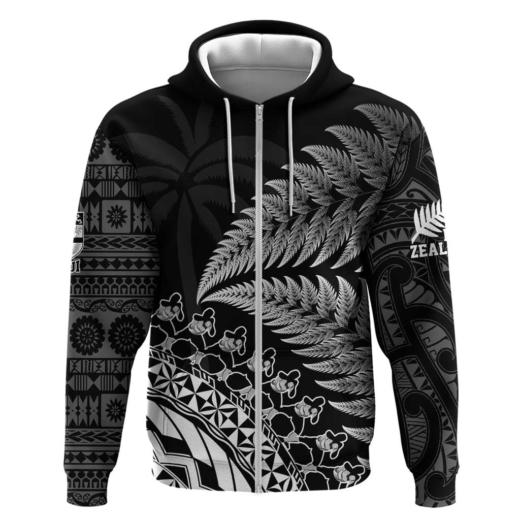 Custom Fiji New Zealand Rugby Zip Hoodie Cibi Dance with Black Fern