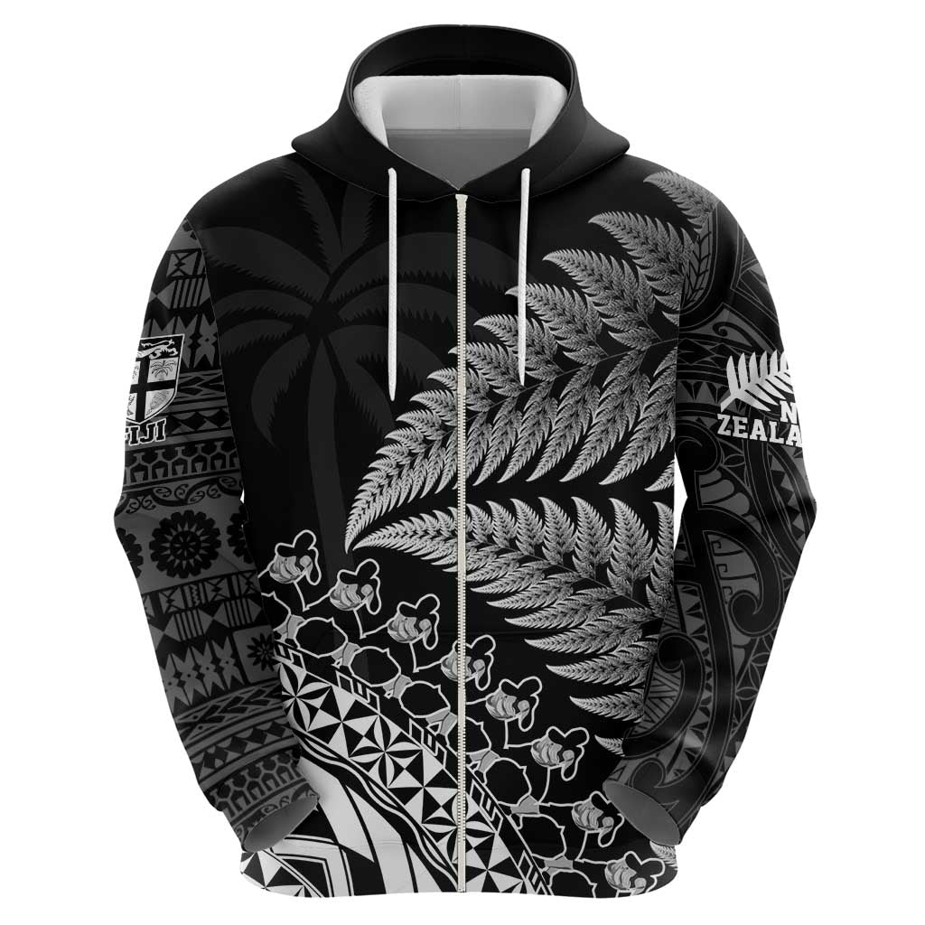 Custom Fiji New Zealand Rugby Zip Hoodie Cibi Dance with Black Fern LT9 - Polynesian Pride