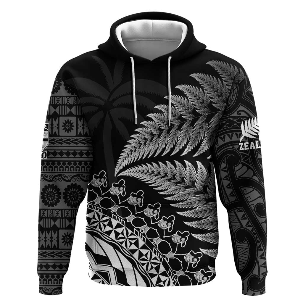 Custom Fiji New Zealand Rugby Zip Hoodie Cibi Dance with Black Fern LT9 Pullover Hoodie Black - Polynesian Pride