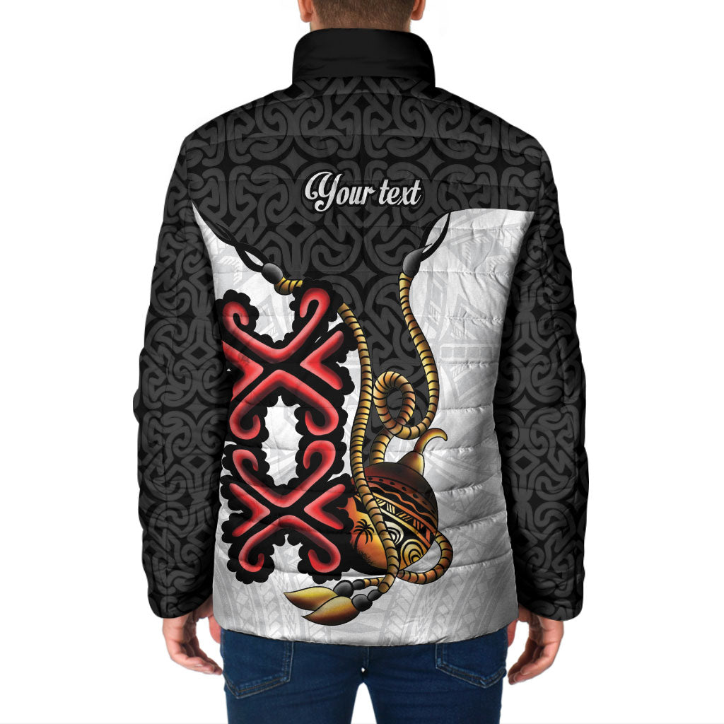Personalised Papua New Guinea Oro Necklace Padded Jacket Black Melanesia Traditional Pattern LT9 - Polynesian Pride