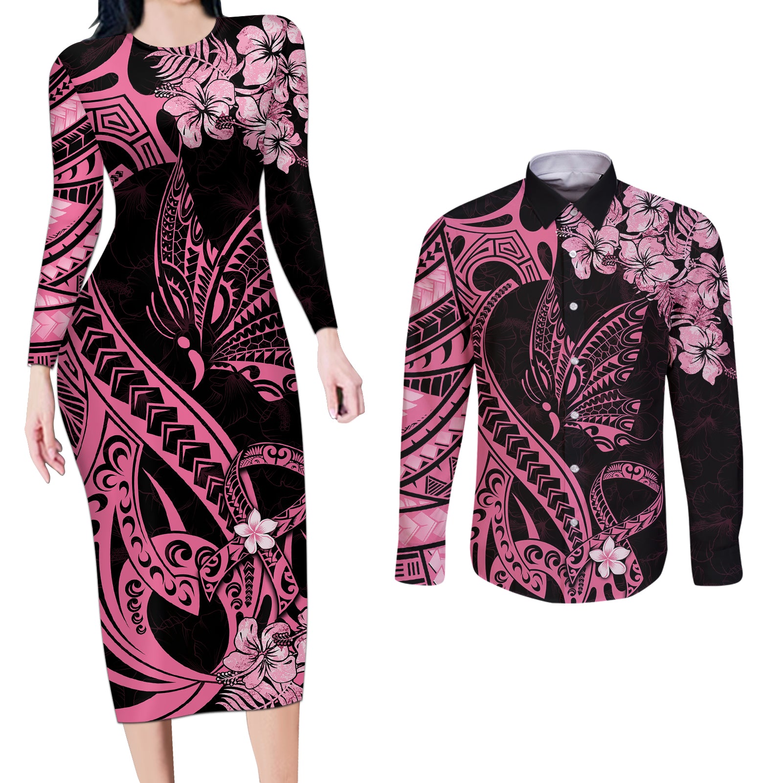 Polynesian Floral Butterfly Couples Matching Long Sleeve Bodycon Dress and Long Sleeve Button Shirts Breast Cancer Pink Ribbon LT9 Pink - Polynesian Pride