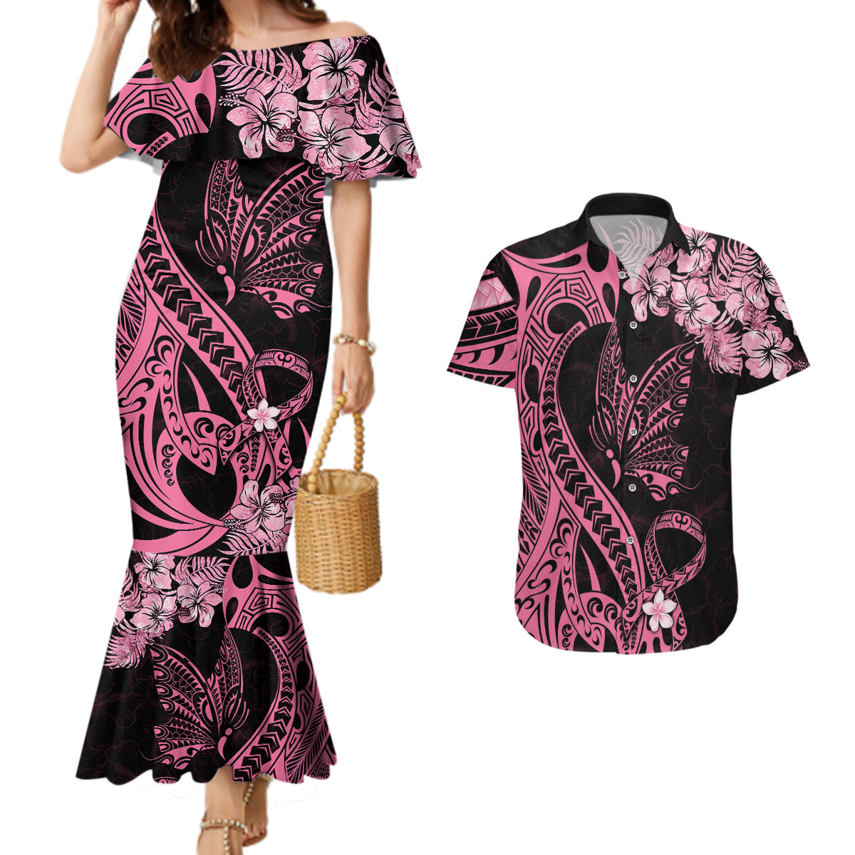 Polynesian Floral Butterfly Couples Matching Mermaid Dress and Hawaiian Shirt Breast Cancer Pink Ribbon LT9 Pink - Polynesian Pride