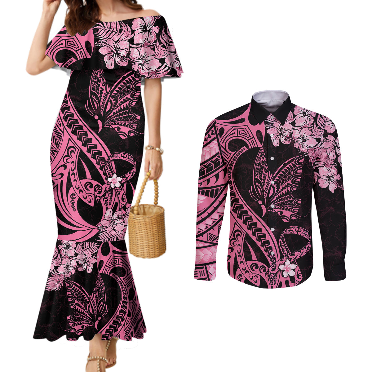 Polynesian Floral Butterfly Couples Matching Mermaid Dress and Long Sleeve Button Shirts Breast Cancer Pink Ribbon LT9 Pink - Polynesian Pride