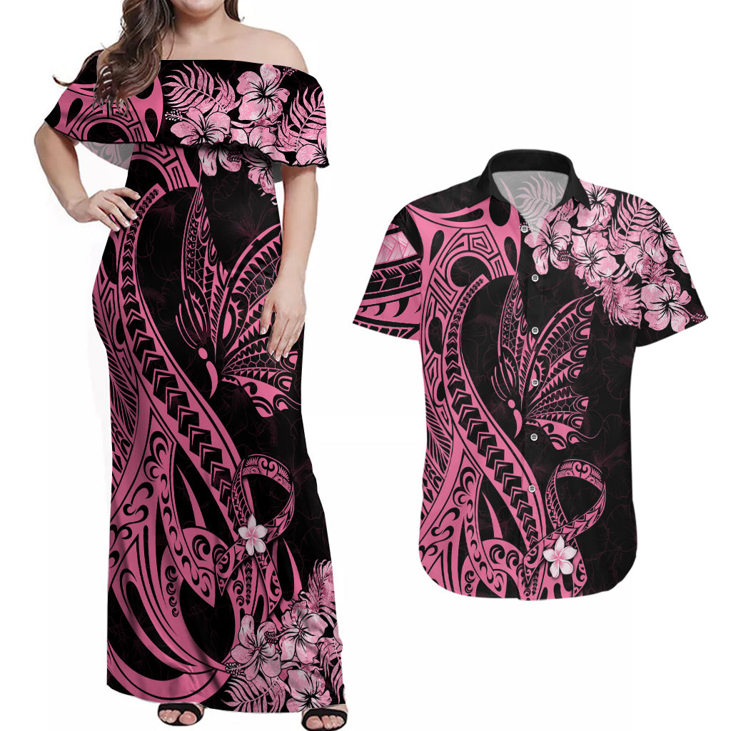 Polynesian Floral Butterfly Couples Matching Off Shoulder Maxi Dress and Hawaiian Shirt Breast Cancer Pink Ribbon LT9 Pink - Polynesian Pride