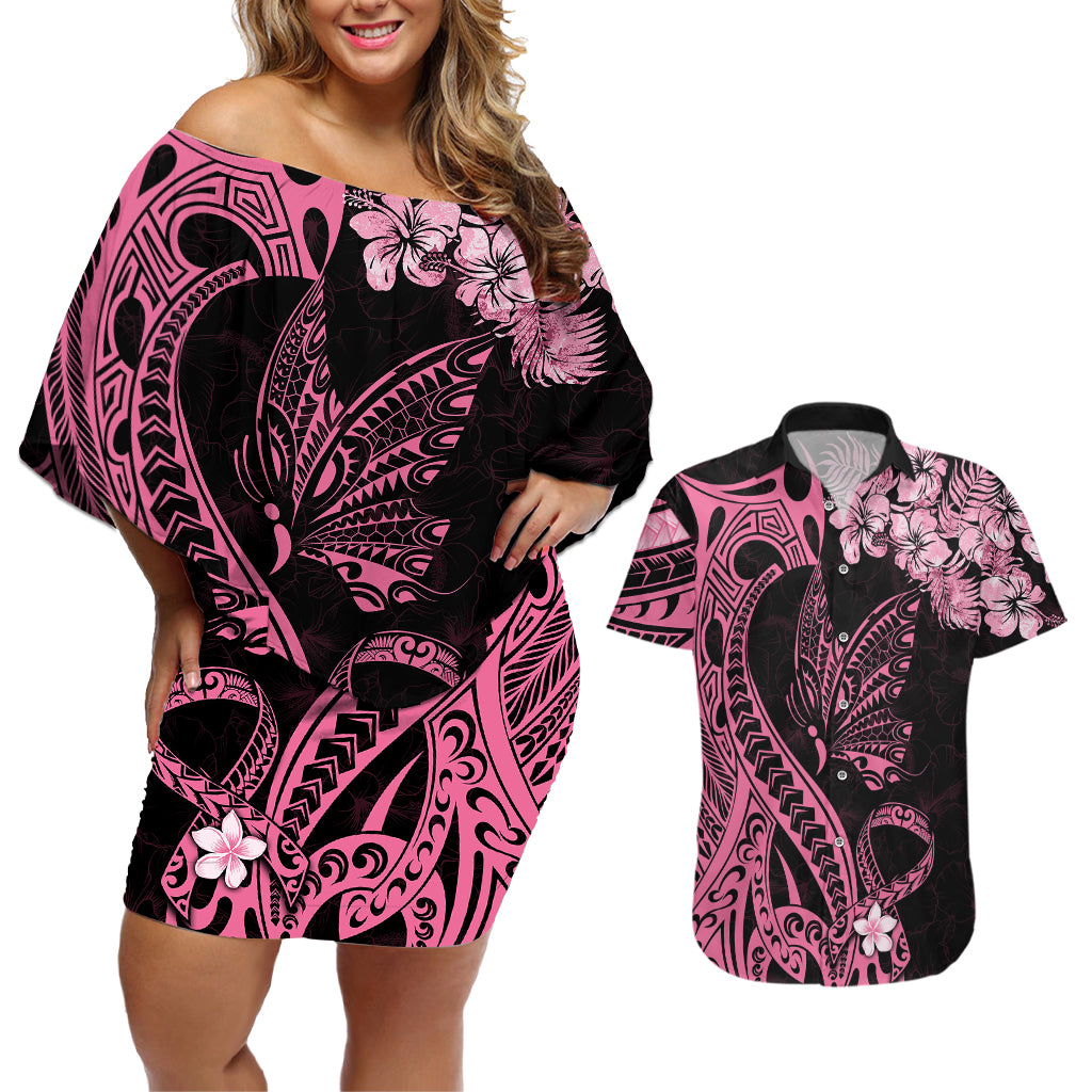 Polynesian Floral Butterfly Couples Matching Off Shoulder Short Dress and Hawaiian Shirt Breast Cancer Pink Ribbon LT9 Pink - Polynesian Pride