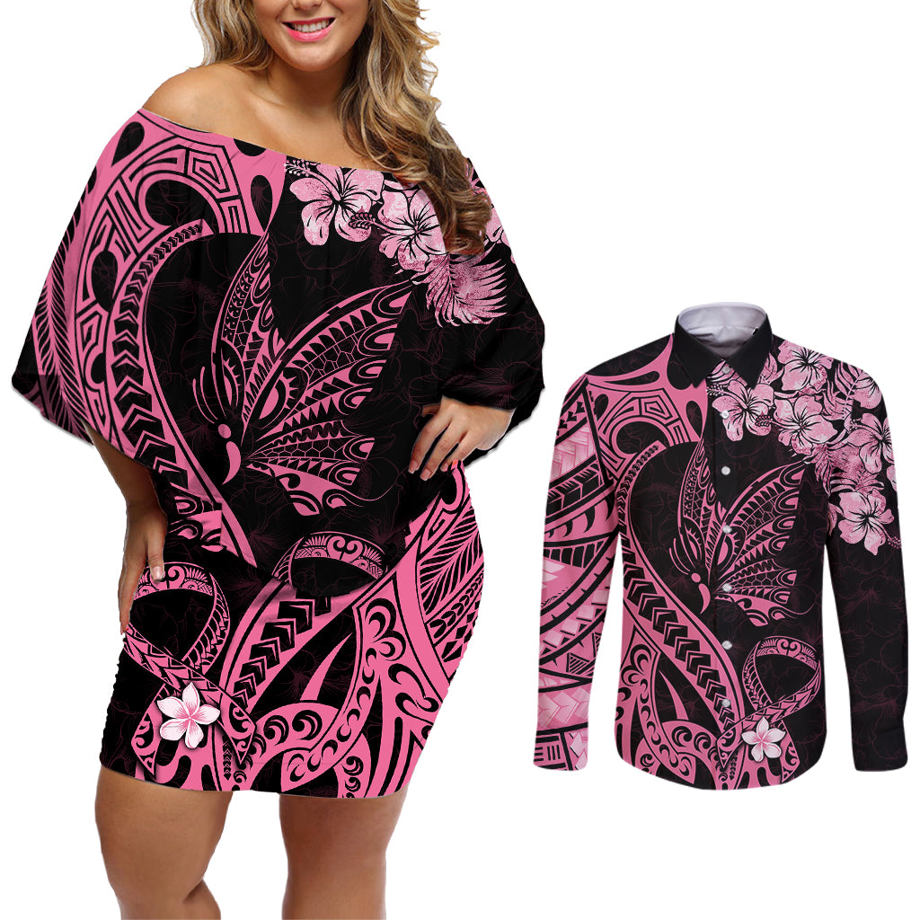 Polynesian Floral Butterfly Couples Matching Off Shoulder Short Dress and Long Sleeve Button Shirts Breast Cancer Pink Ribbon LT9 Pink - Polynesian Pride