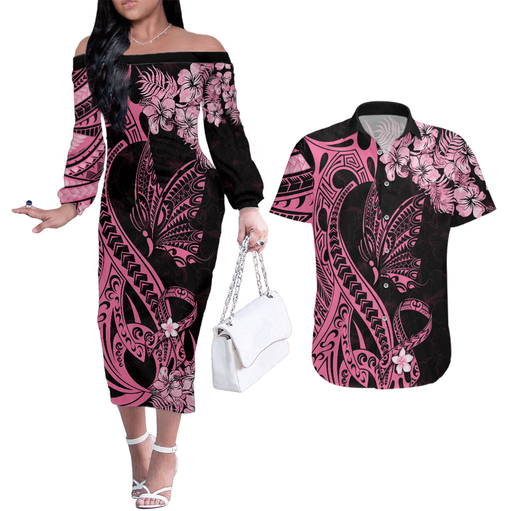 Polynesian Floral Butterfly Couples Matching Off The Shoulder Long Sleeve Dress and Hawaiian Shirt Breast Cancer Pink Ribbon LT9 Pink - Polynesian Pride