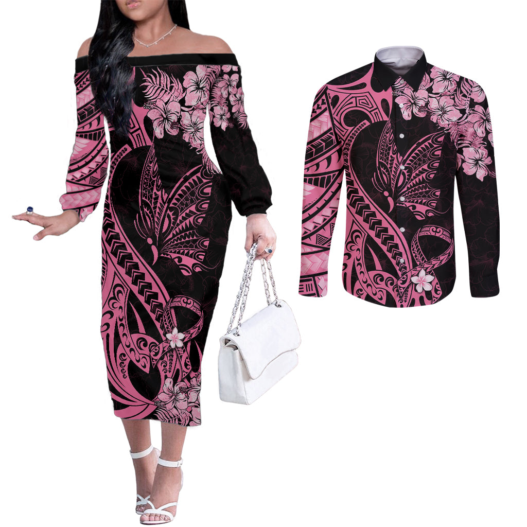 Polynesian Floral Butterfly Couples Matching Off The Shoulder Long Sleeve Dress and Long Sleeve Button Shirts Breast Cancer Pink Ribbon LT9 Pink - Polynesian Pride