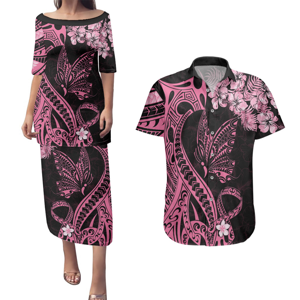 Polynesian Floral Butterfly Couples Matching Puletasi Dress and Hawaiian Shirt Breast Cancer Pink Ribbon LT9 Pink - Polynesian Pride