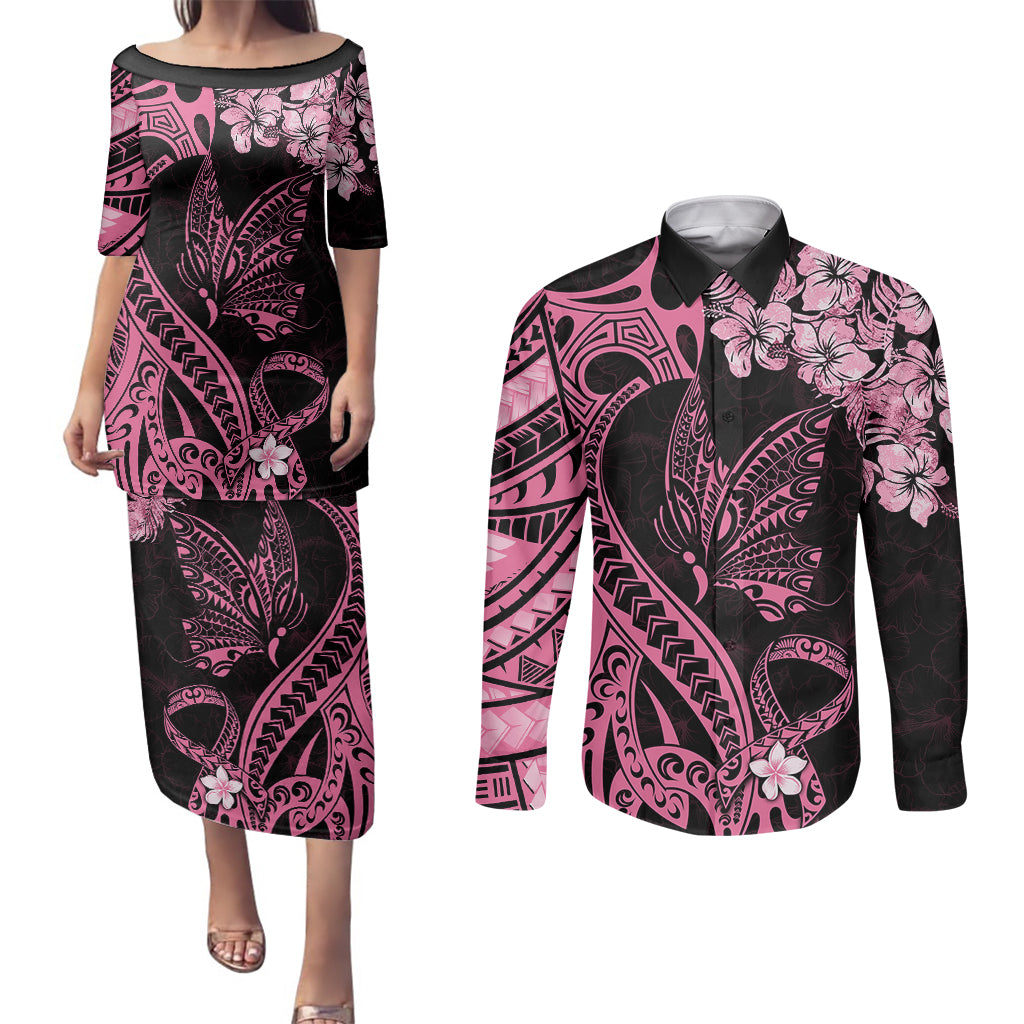 Polynesian Floral Butterfly Couples Matching Puletasi Dress and Long Sleeve Button Shirts Breast Cancer Pink Ribbon LT9 Pink - Polynesian Pride