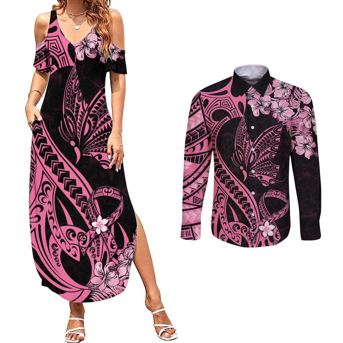 Polynesian Floral Butterfly Couples Matching Summer Maxi Dress and Long Sleeve Button Shirts Breast Cancer Pink Ribbon LT9 Pink - Polynesian Pride