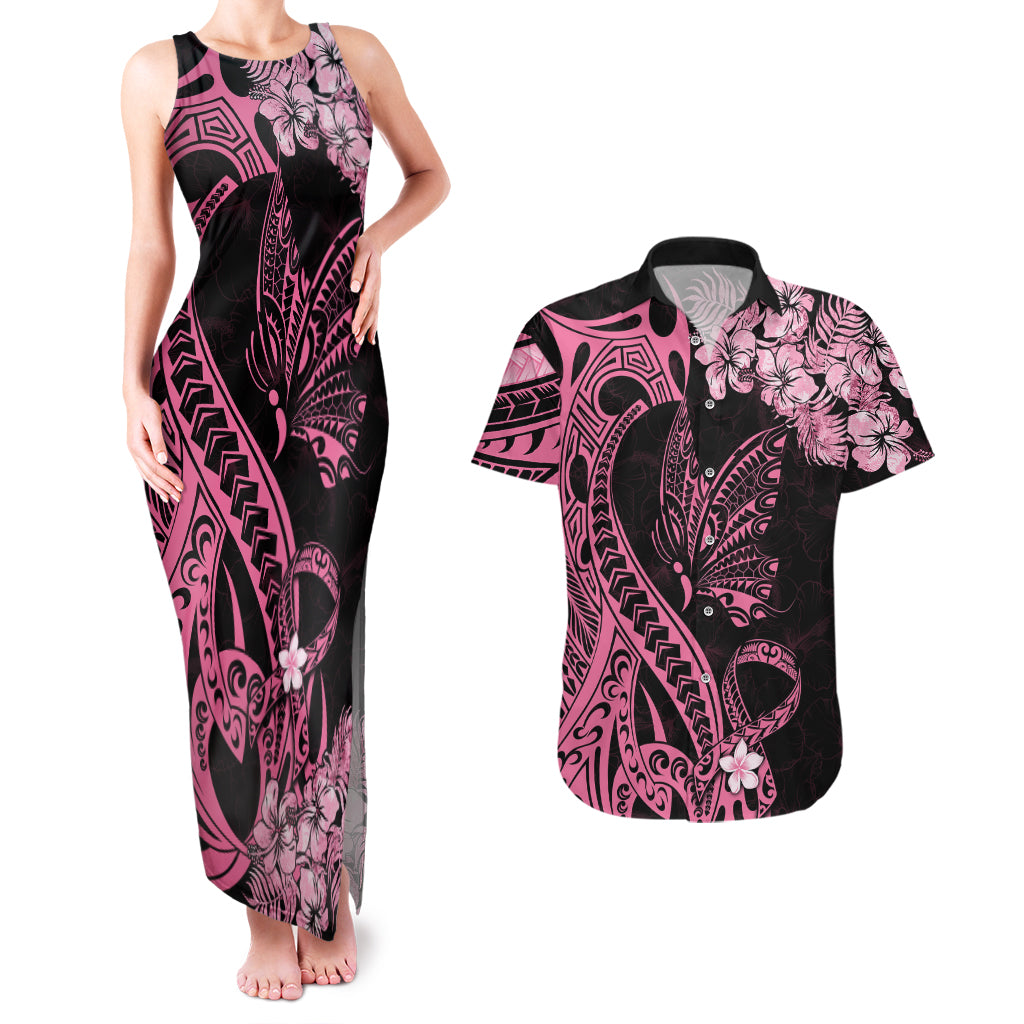 Polynesian Floral Butterfly Couples Matching Tank Maxi Dress and Hawaiian Shirt Breast Cancer Pink Ribbon LT9 Pink - Polynesian Pride