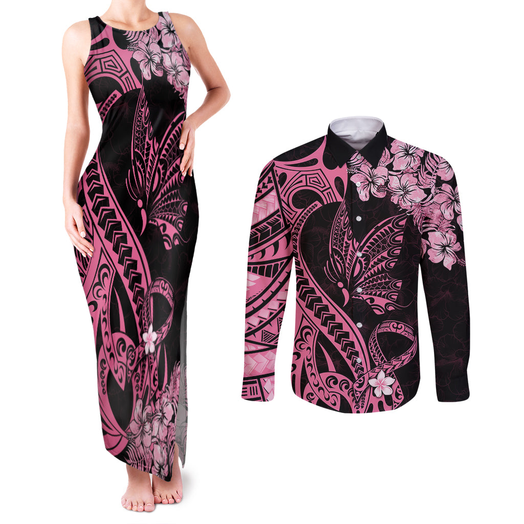 Polynesian Floral Butterfly Couples Matching Tank Maxi Dress and Long Sleeve Button Shirts Breast Cancer Pink Ribbon LT9 Pink - Polynesian Pride