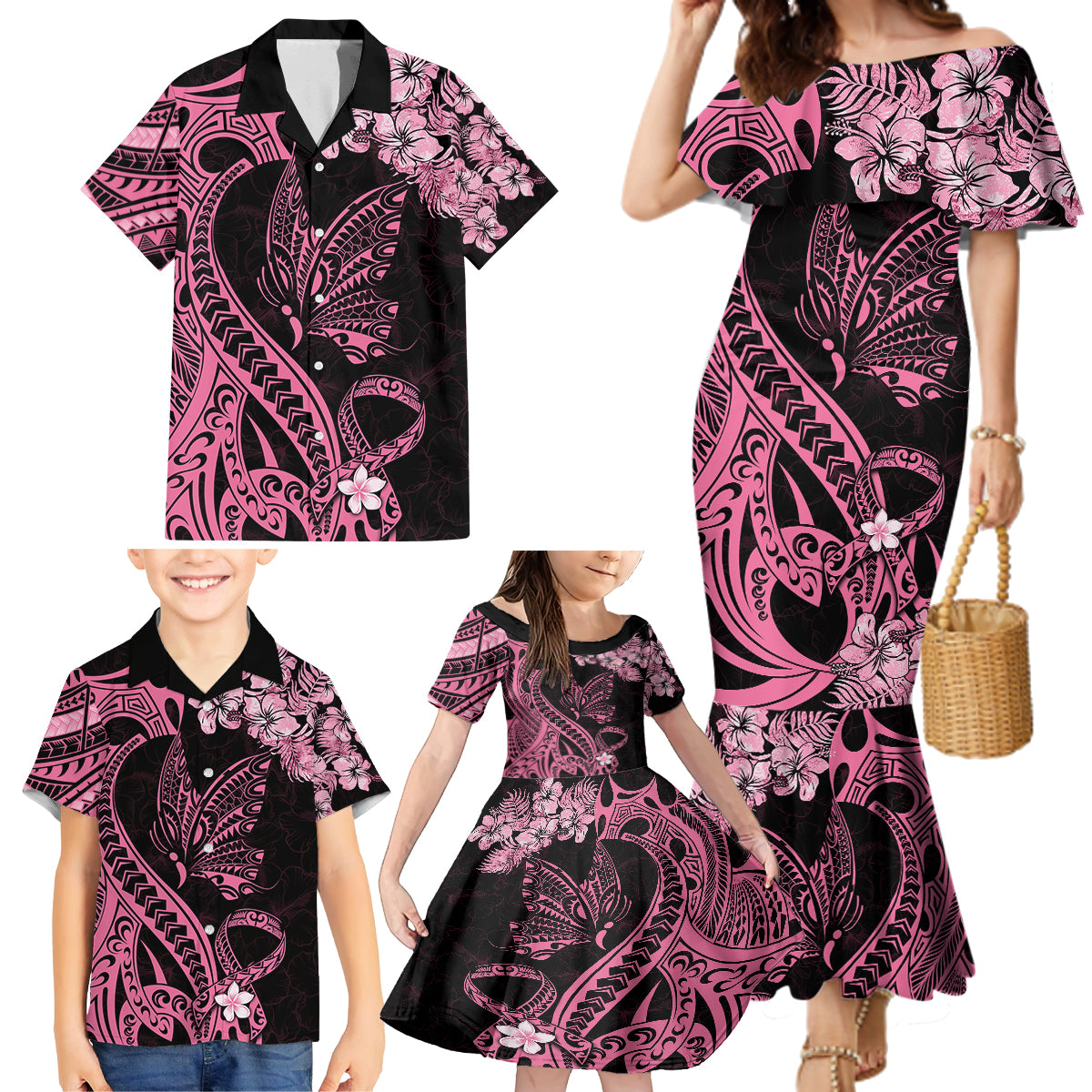 Polynesian Floral Butterfly Family Matching Mermaid Dress and Hawaiian Shirt Breast Cancer Pink Ribbon LT9 - Polynesian Pride